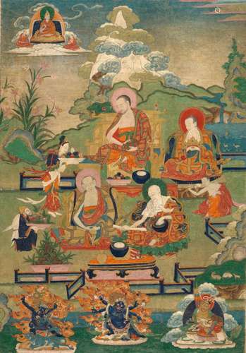 A THANGKA DEPICTING FOUR ARHATS TIBET, 19TH CENTURY