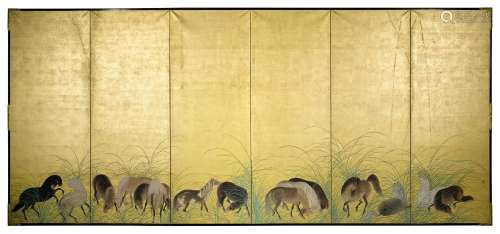 ARTIST UNKNOWN Fifteen Horses Edo period (1615-1868), 17th/1...