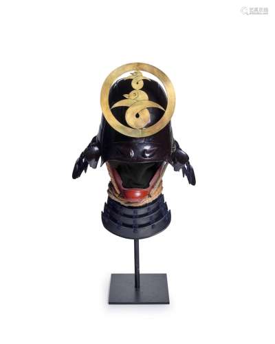 A WARABE KABUTO AND HANBO (HELMET AND HALF MASK FOR A CHILD)...