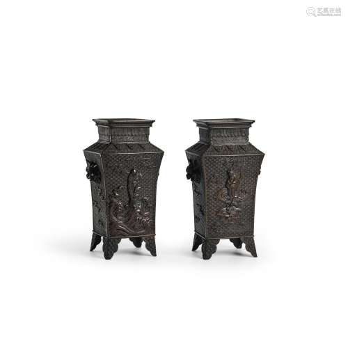 A PAIR OF FACETED BRONZE VASES Meiji era (1868-1912), late 1...