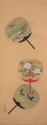 KANO SHŌSEN'IN TADANOBU (1823-1880) Birds and Flowers on Fan...