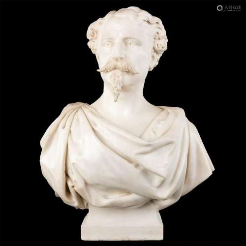 Bust of a noble man, sculptured white Carrara marble. 19th C...