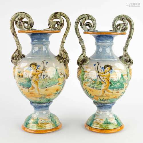 A pair of vases with hand-painted decor, Italian Majolica. 1...