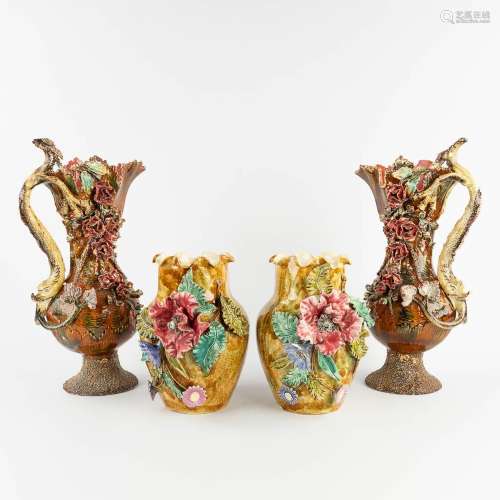 Two pair of vases with flower decor, Barbotine, France. One ...