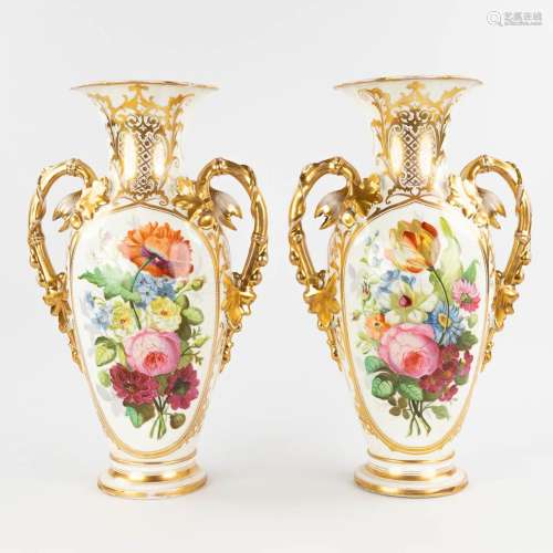 Vieux Bruxelles, a pair of vases with hand-painted flower de...