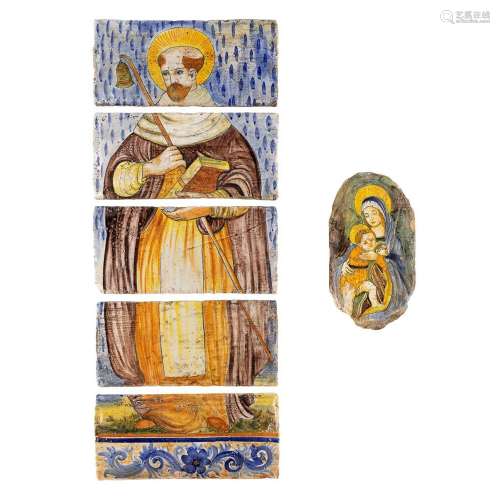 A pair of large terracotta tile paintings, 'Madonna with Chi...