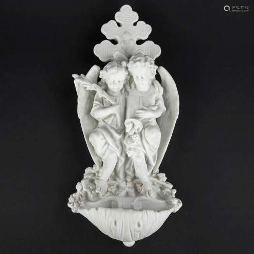 A holy water font, bisque porcelain decorated with two angel...