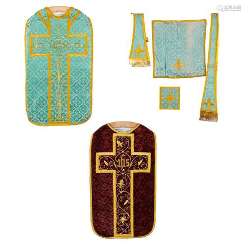 Two Roman Chasubles, Chalice Veil, Stola, Maniple. Thick gol...