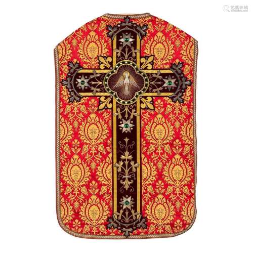 A Roman Chasuble, thick gold thread embroideries, an image o...
