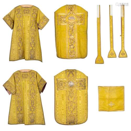 Two Dalmatics and Two Roman Chasubles, thick gold thread emb...