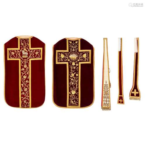 Two Roman Chasubles and stola, red fabric with thick gold th...