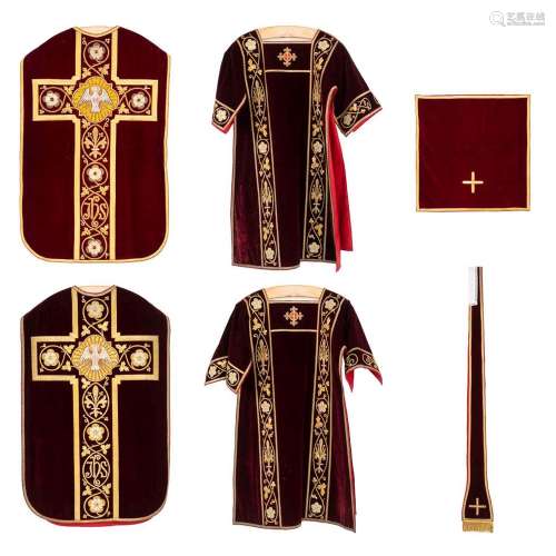 Two Dalmatics and Two Roman Chasubles, thick gold thread emb...