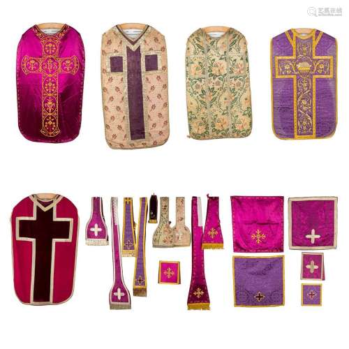 Five Roman Chasubles, maniple, Stola and chalice veils. Anti...