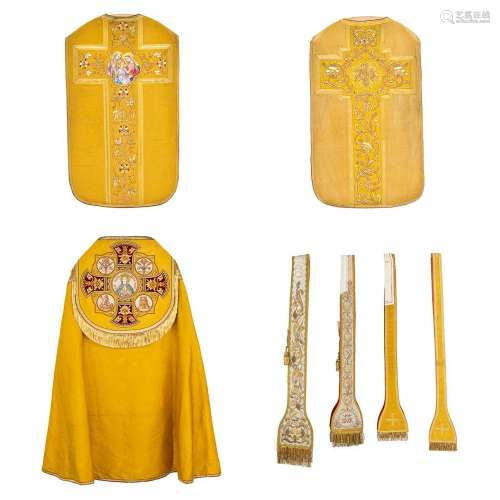 A Cope and two Roman Chasubles, thick gold thread embroideri...