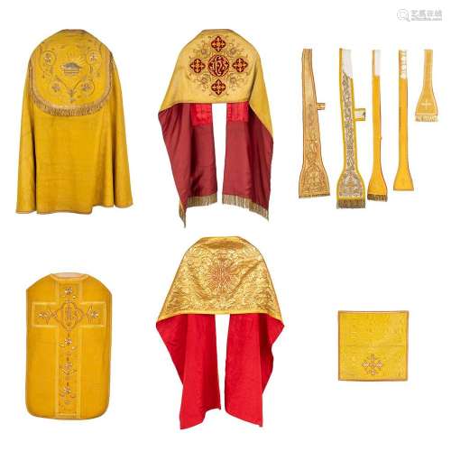 A cope, two humeral veils, a Roman Chasuble, finished with t...