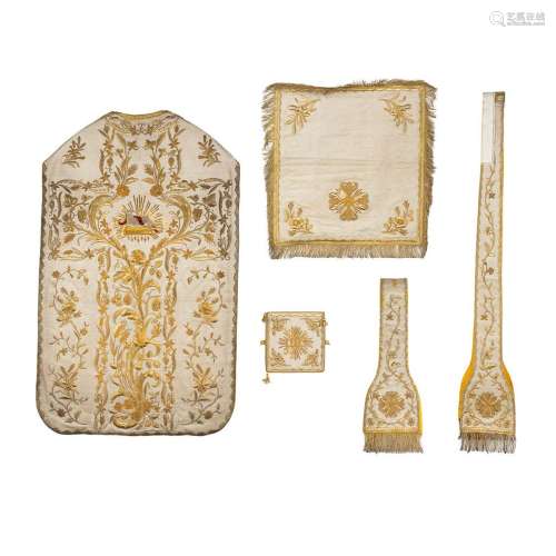 A Roman Chasuble, Chalice Veil, Stola and Brusa, thick gold ...