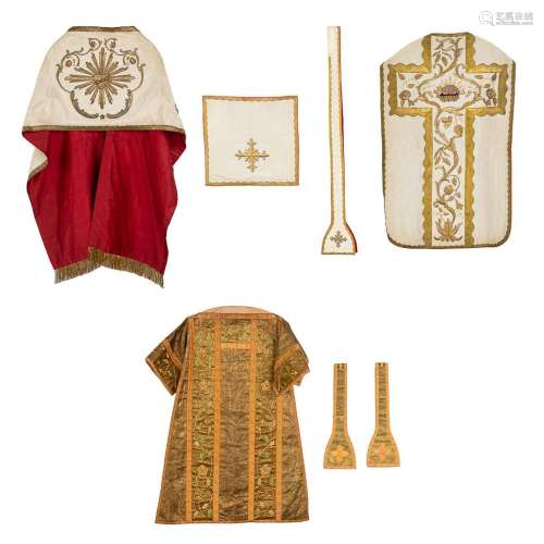 A Roman Chasuble, Humeral Veil and Dalmatic, Thick Gold thre...