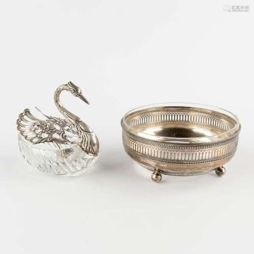 A swan and a bowl, silver and crystal. 20th C. (H:7 x D:16 c...
