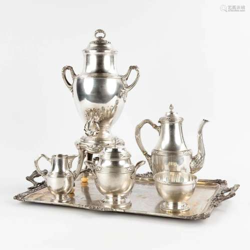 A Samovar, tea pot, sugar pot, bowl and milk jug on a silver...