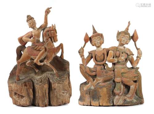 Zwei Holzfiguren Burma, 20. Jh., Holz geschnitzt und farbig ...