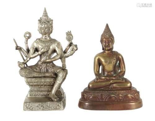 2 Buddhafiguren Indien, 2. Hälfte 20. Jh., Bronze pat./Weißm...