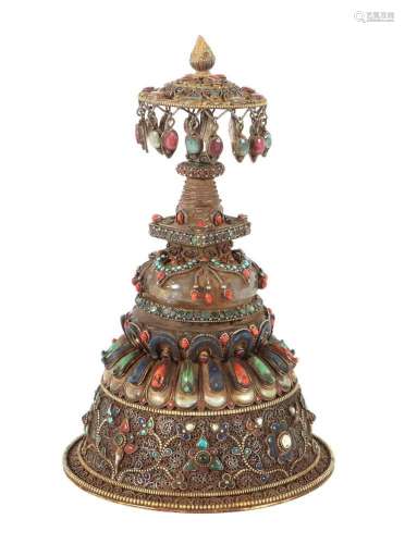 Stupa mit Edelsteinbesatz Nepal, 2. Hälfte 20. Jh., Metall/B...