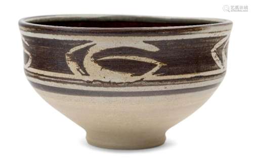Studio Pottery<br />
<br />
Bowl with band of brown on buff ...