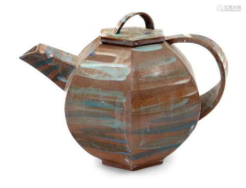 Studio Pottery<br />
<br />
Hexagonal teapot with blue and w...