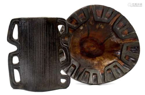 Studio Pottery<br />
<br />
Black vase with carved vertical ...