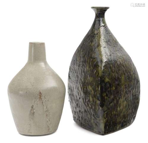 Studio Pottery<br />
<br />
Bottle vase in grey on cream gla...