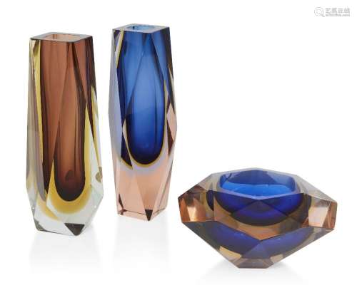 Murano<br />
<br />
Two 'Sommerso' block vases and a bowl, c...