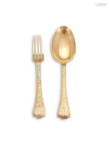 A GERMAN SILVER GILT TREFID PATTERN FORK AND SPOON