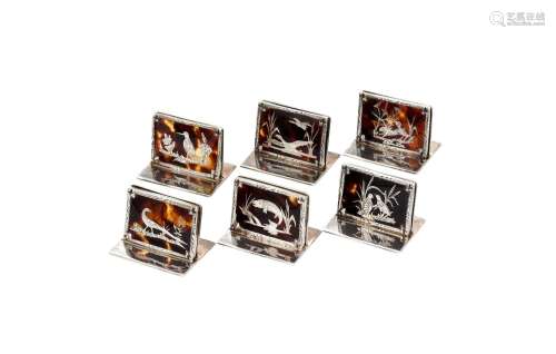 【Y】 A CASED SET OF SIX SILVER AND TORTOISESHELL MENU HOLDERS