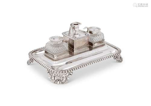 A GEORGE IV SILVER OBLONG INKSTAND