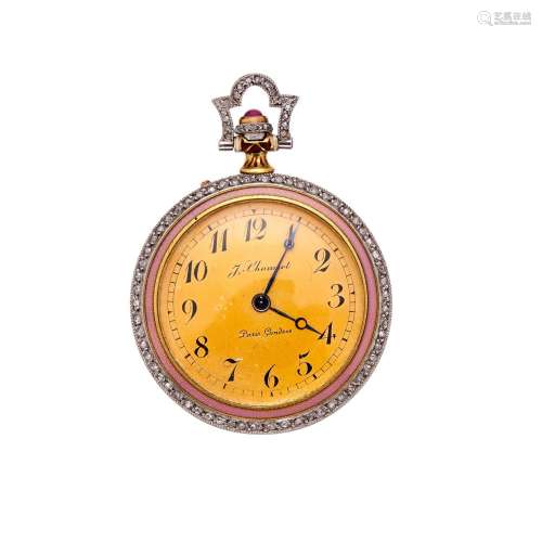 J. CHAUMET, A FRENCH GOLD, DIAMOND AND PINK ENAMEL OPEN FACE...