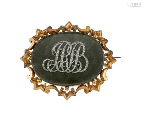 A MID 19TH CENTURY DIAMOND AND WOVEN HAIR PANEL BROOCH, CIRC...