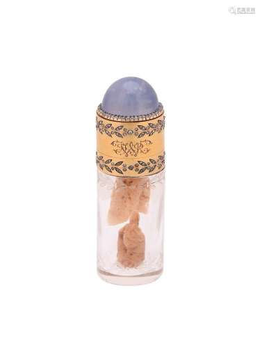 A FRENCH GOLD, STAR SAPPHIRE, DIAMOND AND GLASS SCENT BOTTLE...