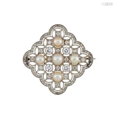 AN EDWARDIAN LOZENGE SHAPED DIAMOND AND PEARL BROOCH, CIRCA ...