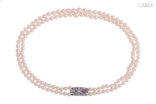 A TWO ROW CULTURED PEARL NECKLACE WITH DIAMOND CLASP