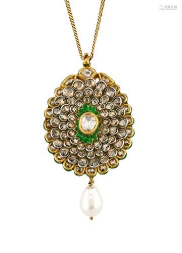 AN INDIAN DIAMOND AND JAIPUR ENAMEL NIYAM PENDANT