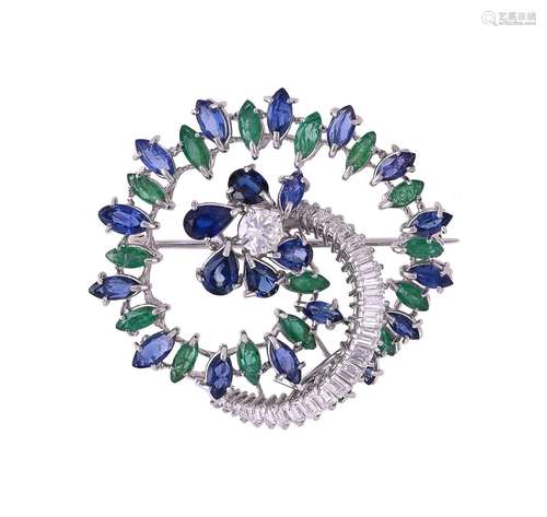 A DIAMOND, EMERALD AND SAPPHIRE CIRCLE BROOCH