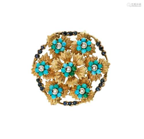 A 1960S TURQUOISE, DIAMOND AND SAPPHIRE FLORAL CLUSTER BROOC...