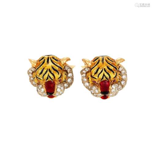 FRASCAROLO, A PAIR OF 1970S DIAMOND, RUBY AND ENAMEL TIGER C...