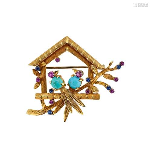 A FRENCH 1960S SAPPHIRE, RUBY, TURQUOISE AND GOLD COLOURED B...