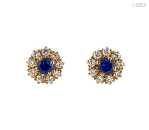 A PAIR OF SAPPHIRE AND DIAMOND CLUSTER EAR STUDS, RETAILED B...