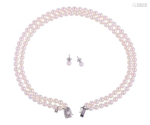 MIKIMOTO, AN AKOYA CULTURED PEARL NECKLACE AND EAR STUDS, CI...