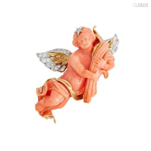 【Y】 A CORAL AND DIAMOND CHERUB BROOCH