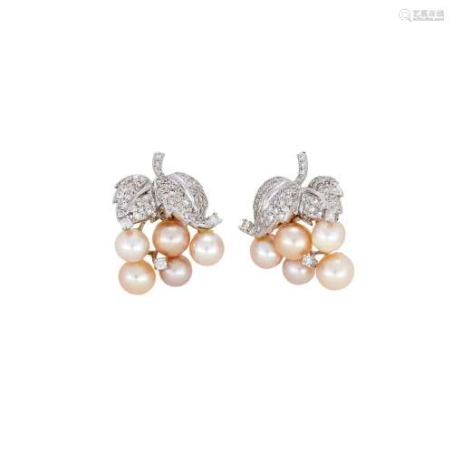 A PAIR OF DIAMOND AND CULTURED PEARL GRAPE BUNCH EARRINGS