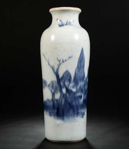 blue and white landscape bottle