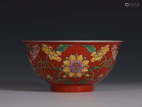 Enamel-coloured coral red earth longevity bowl with flowers ...